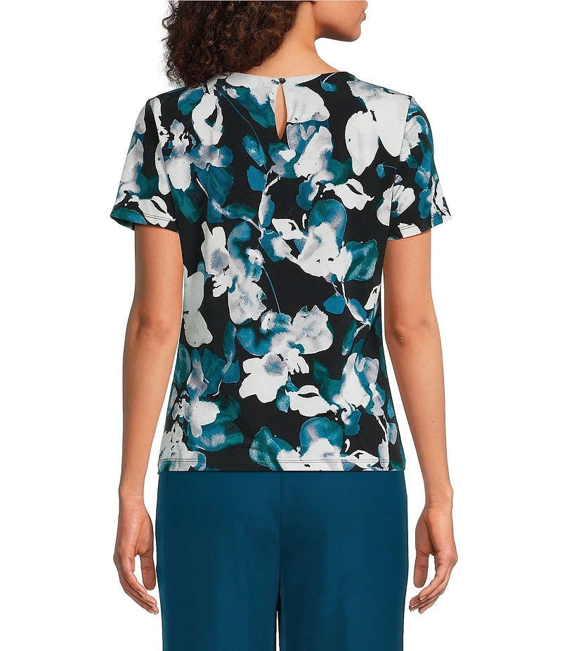 Calvin Klein Knit Jersey Floral Print Crew Neck Short Sleeve Pintuck Blouse