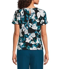 Calvin Klein Knit Jersey Floral Print Crew Neck Short Sleeve Pintuck Blouse