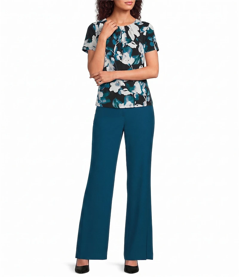 Calvin Klein Knit Jersey Floral Print Crew Neck Short Sleeve Pintuck Blouse