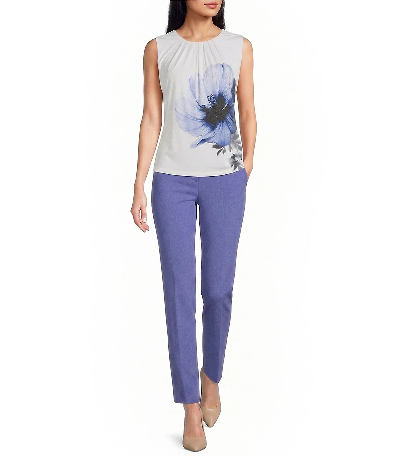 Calvin Klein Knit Jersey Flower Print Pleated Crew Neck Sleeveless Cami