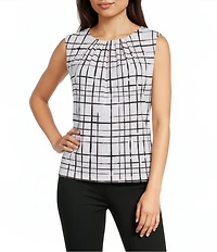 Calvin Klein Knit Jersey Plaid Pleated Crew Neck Sleeveless Cami