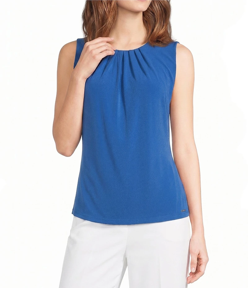 Calvin Klein Knit Jersey Pleated Crew Neck Sleeveless Cami Top