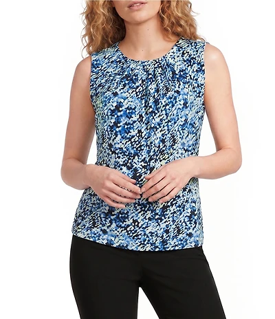 Calvin Klein Knit Jersey Printed Pleated Crew Neck Sleeveless Cami