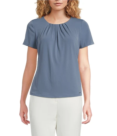Calvin Klein Knit Pleated Crew Neck Short Sleeve Blouse
