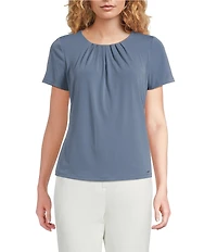 Calvin Klein Knit Pleated Crew Neck Short Sleeve Blouse