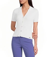 Calvin Klein Knit Point Collar Short Sleeve Button Front Top