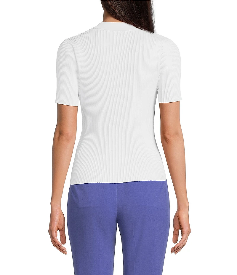 Calvin Klein Knit Point Collar Short Sleeve Button Front Top