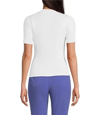Calvin Klein Knit Point Collar Short Sleeve Button Front Top