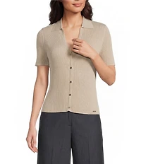 Calvin Klein Knit Point Collar Short Sleeve Button Front Top