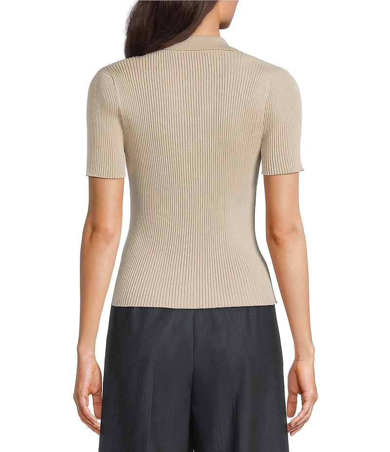 Calvin Klein Knit Point Collar Short Sleeve Button Front Top