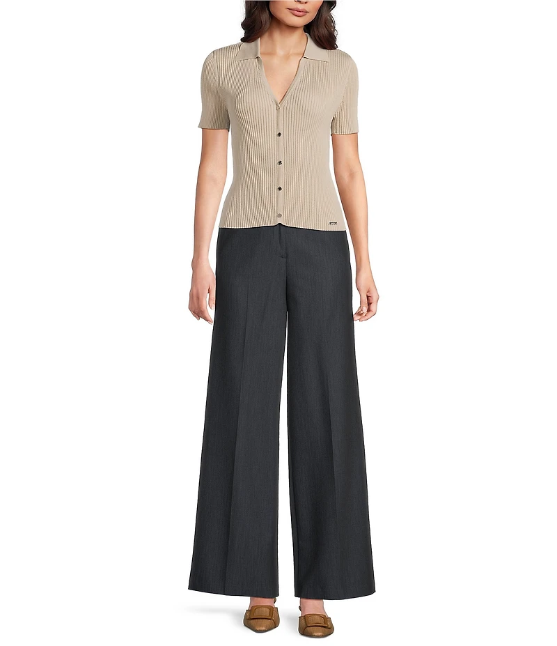 Calvin Klein Knit Point Collar Short Sleeve Button Front Top