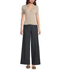 Calvin Klein Knit Point Collar Short Sleeve Button Front Top