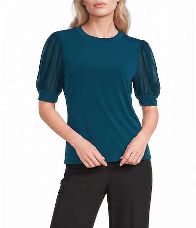 Calvin Klein Knit Sheer Puff Short Sleeve Top
