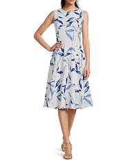Calvin Klein Leaf Print Linen Round Neck Sleeveless A-Line Midi Dress