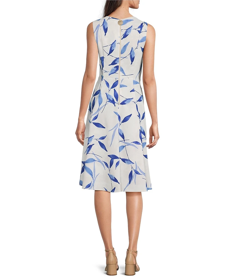 Calvin Klein Leaf Print Linen Round Neck Sleeveless A-Line Midi Dress