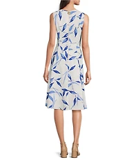 Calvin Klein Leaf Print Linen Round Neck Sleeveless A-Line Midi Dress