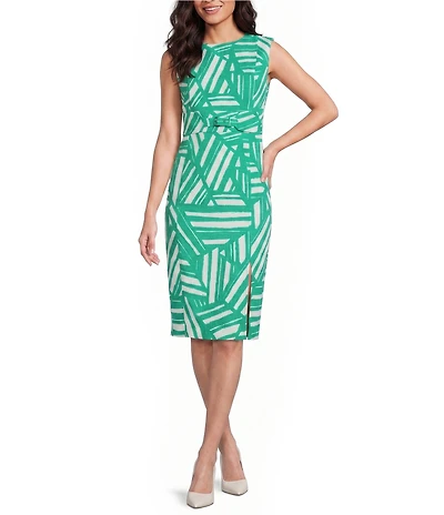 Calvin Klein Linen Abstract Pattern Sleeveless Belted Sheath Dress