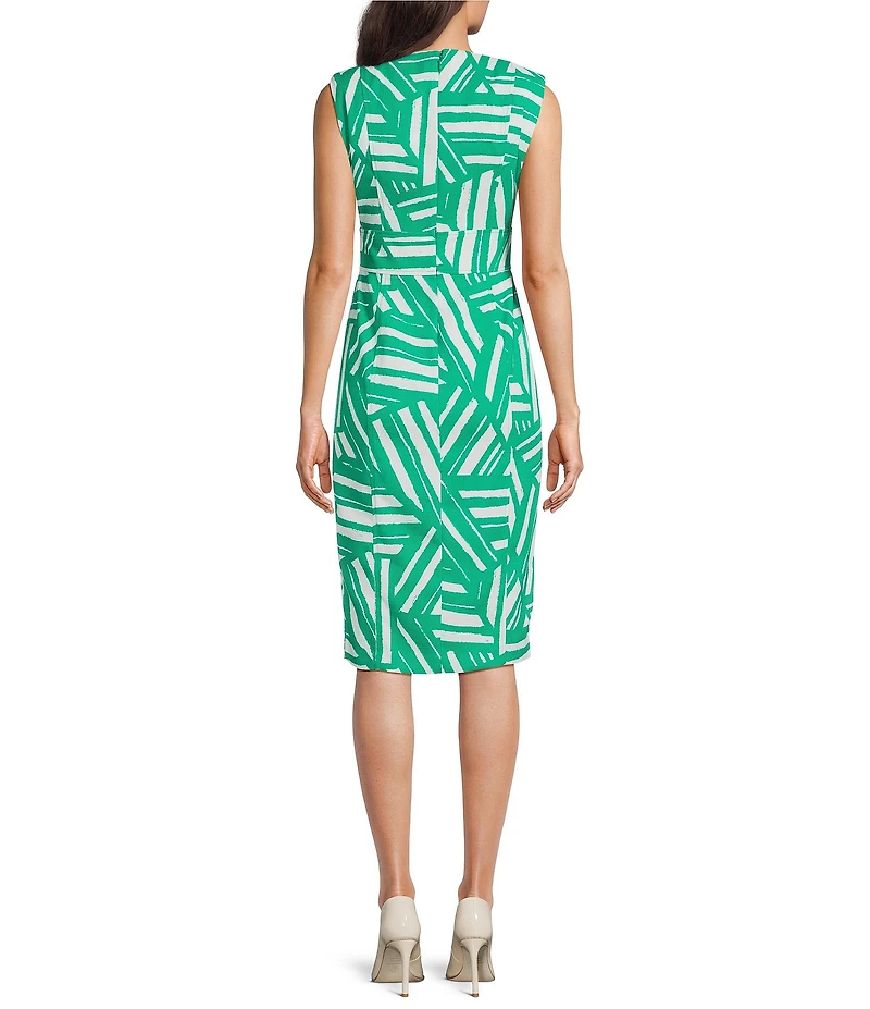 Calvin Klein Linen Abstract Pattern Sleeveless Belted Sheath Dress