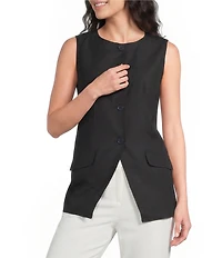 Calvin Klein Linen Blend Crew Neck Sleeveless Button Front Vest