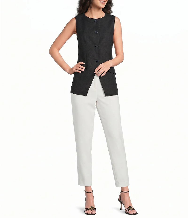 Calvin Klein Linen Blend Crew Neck Sleeveless Button Front Vest