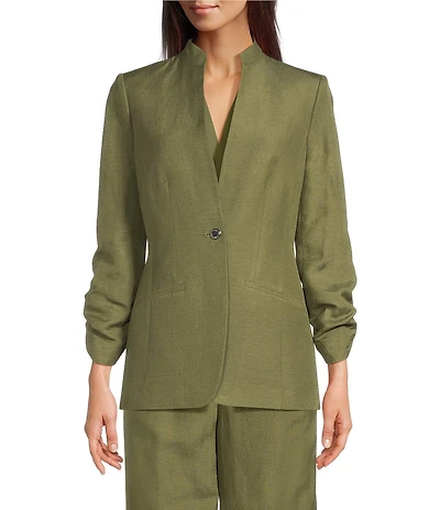 Calvin Klein Linen Blend Stand Collar 3/4 Sleeve One-Button Jacket