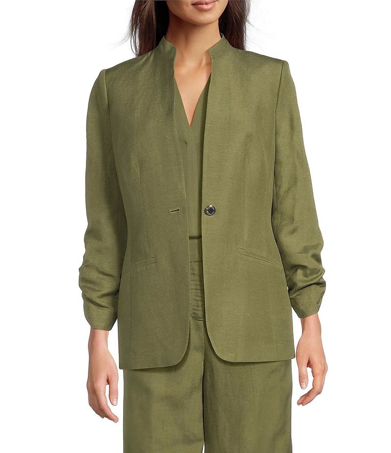 Calvin Klein Linen Blend Stand Collar 3/4 Sleeve One-Button Jacket