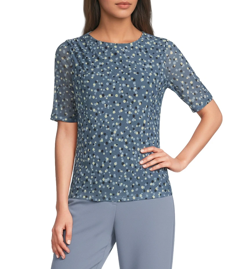 Calvin Klein Mesh Knit Dotted Print Crew Neck Side Pleated Collar Elbow Length Sleeve Top