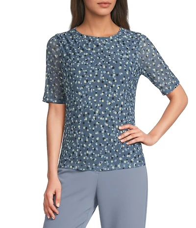 Calvin Klein Mesh Knit Dotted Print Crew Neck Side Pleated Collar Elbow Length Sleeve Top