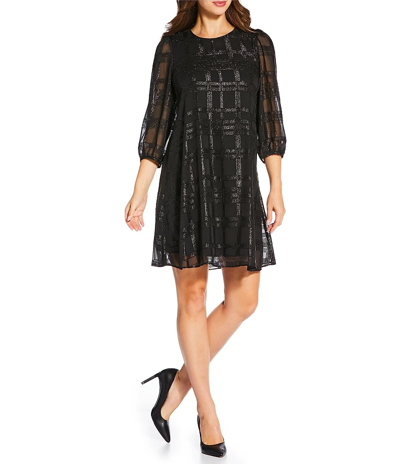 Calvin Klein Metallic Chiffon Plaid Print Crew Neck 3/4 Bubble Sleeve Dress