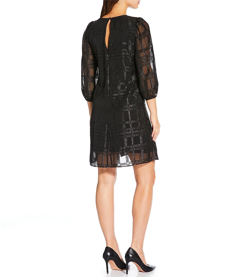 Calvin Klein Metallic Chiffon Plaid Print Crew Neck 3/4 Bubble Sleeve Dress