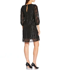 Calvin Klein Metallic Chiffon Plaid Print Crew Neck 3/4 Bubble Sleeve Dress