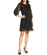Calvin Klein Metallic Chiffon Plaid Print Crew Neck 3/4 Bubble Sleeve Dress