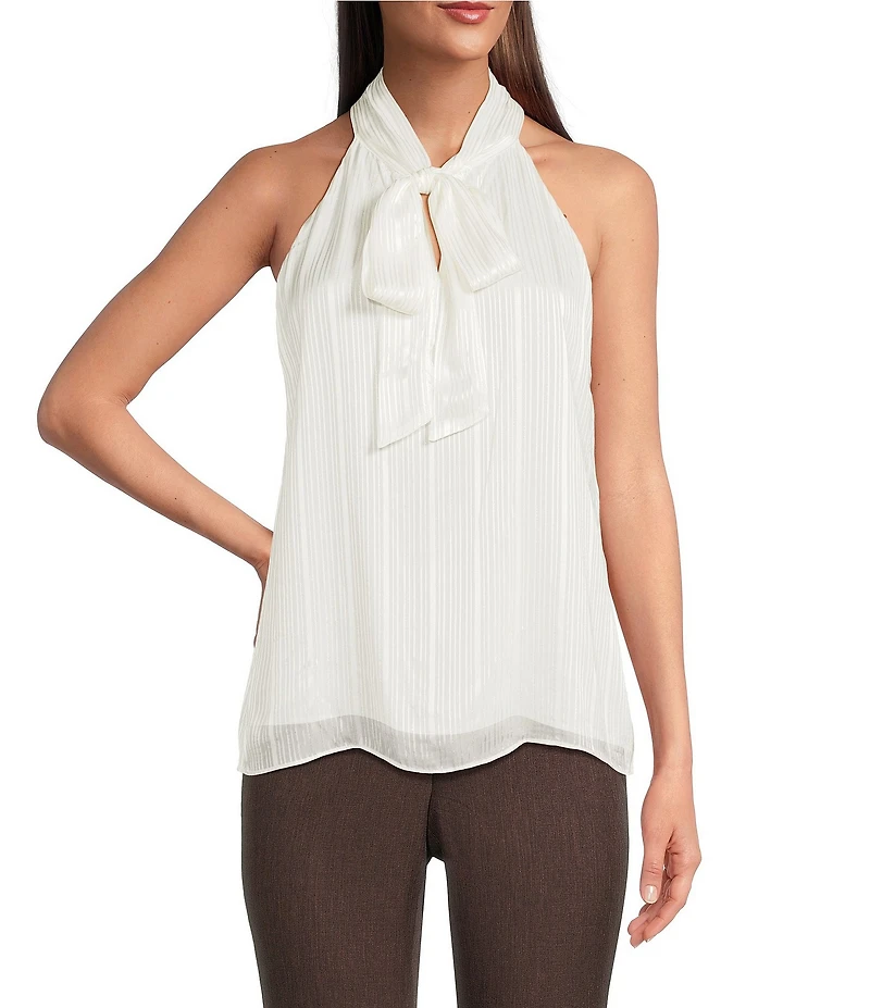 Calvin Klein Metallic Knit Tie Neck Sleeveless Flowy Top