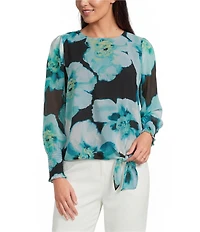 Calvin Klein Mix Media Crew Neck Long Sleeve Tie Front Blouse