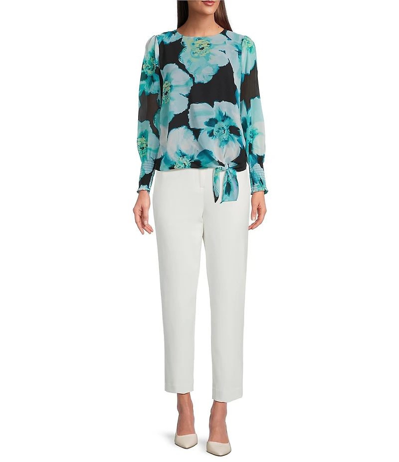 Calvin Klein Mix Media Crew Neck Long Sleeve Tie Front Blouse