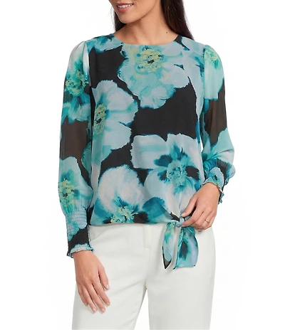 Calvin Klein Mix Media Crew Neck Long Sleeve Tie Front Blouse