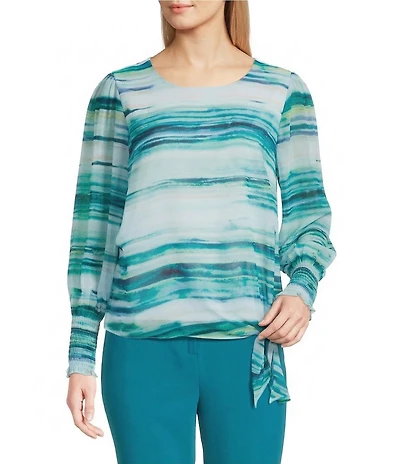 Calvin Klein Mixed Media Crew Neck Long Sleeve Tie Front Blouse