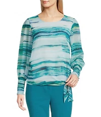 Calvin Klein Mixed Media Crew Neck Long Sleeve Tie Front Blouse