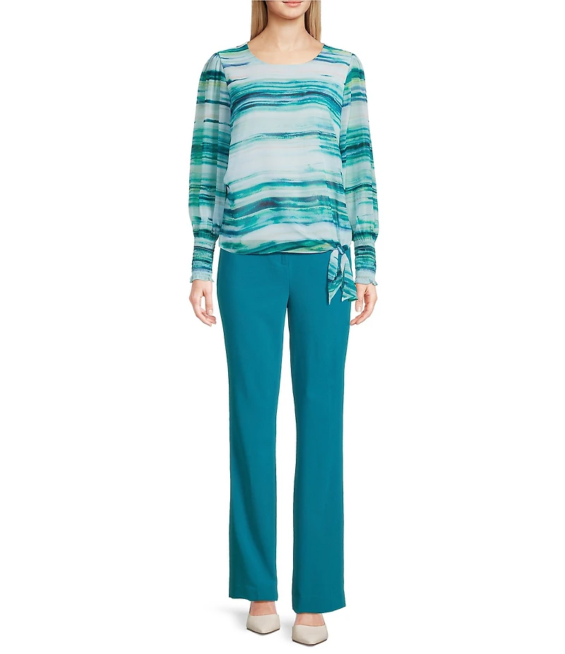 Calvin Klein Mixed Media Crew Neck Long Sleeve Tie Front Blouse