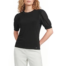 Calvin Klein Mixed Media Crew Neck Short Puff Sleeve Top