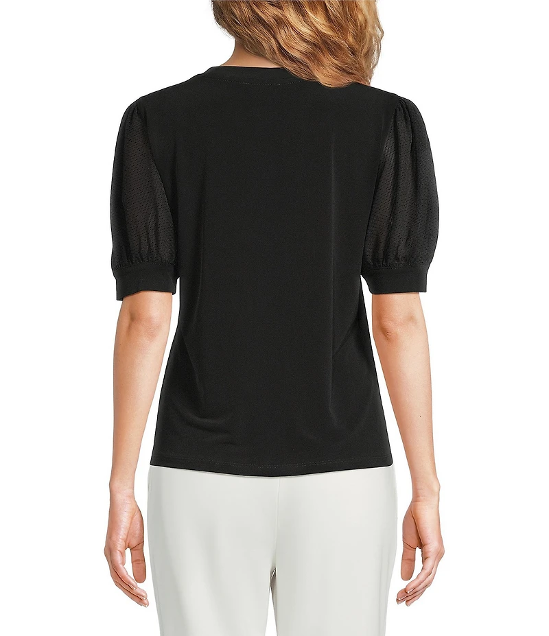 Calvin Klein Mixed Media Crew Neck Short Puff Sleeve Top