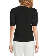 Calvin Klein Mixed Media Crew Neck Short Puff Sleeve Top