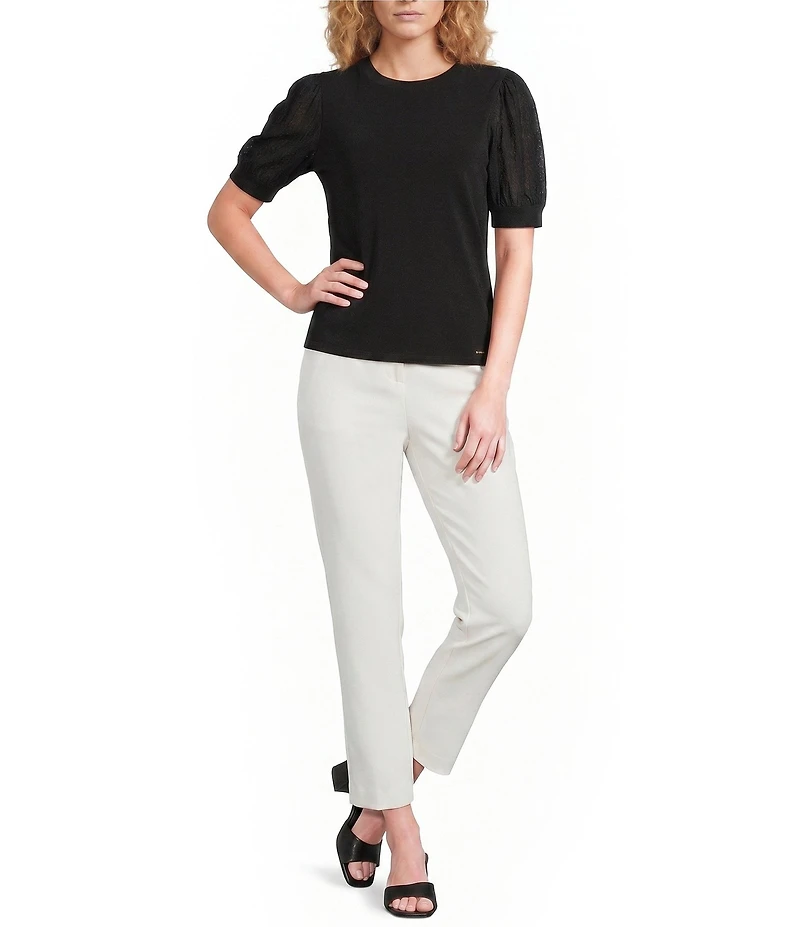 Calvin Klein Mixed Media Crew Neck Short Puff Sleeve Top