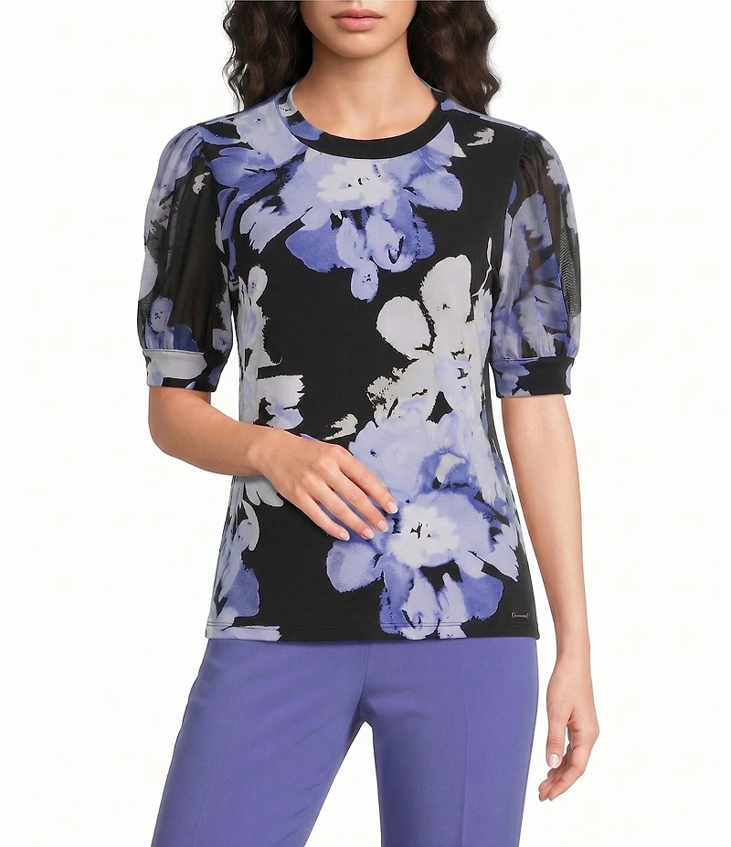 Calvin Klein Mixed Media Floral Crew Neck Short Puff Sleeve Top