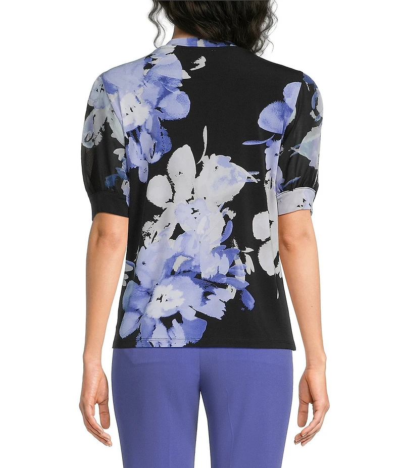 Calvin Klein Mixed Media Floral Crew Neck Short Puff Sleeve Top