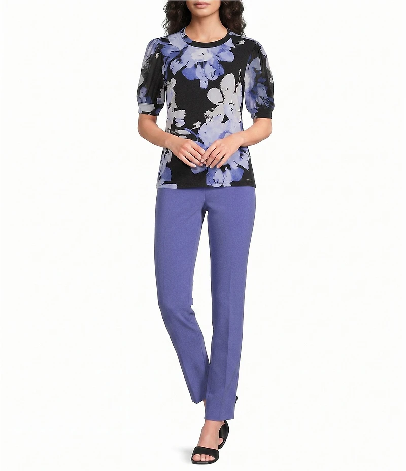 Calvin Klein Mixed Media Floral Crew Neck Short Puff Sleeve Top