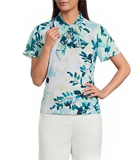 Calvin Klein Mixed Media Tie Neck Short Sleeve Blouse