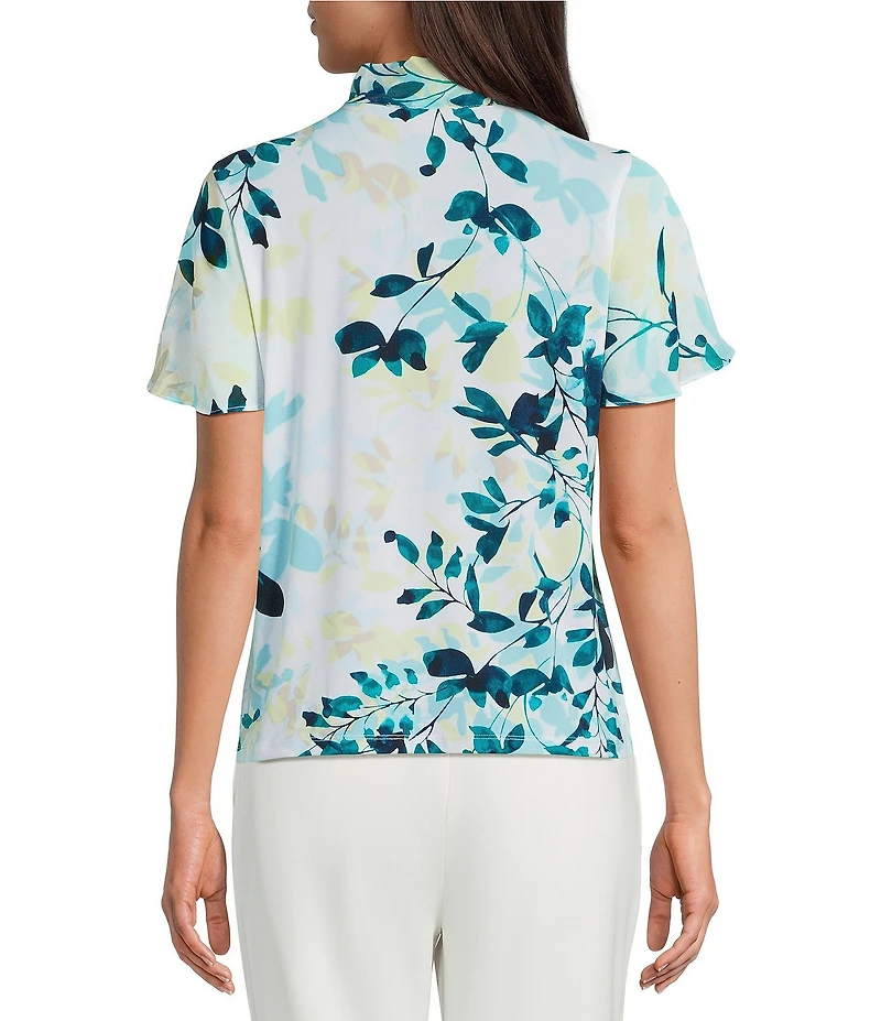Calvin Klein Mixed Media Tie Neck Short Sleeve Blouse