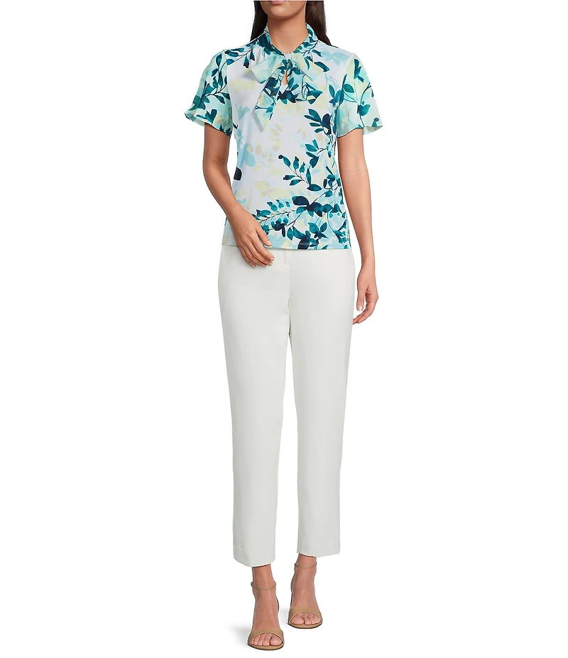 Calvin Klein Mixed Media Tie Neck Short Sleeve Blouse