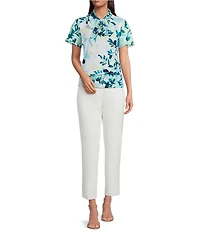 Calvin Klein Mixed Media Tie Neck Short Sleeve Blouse